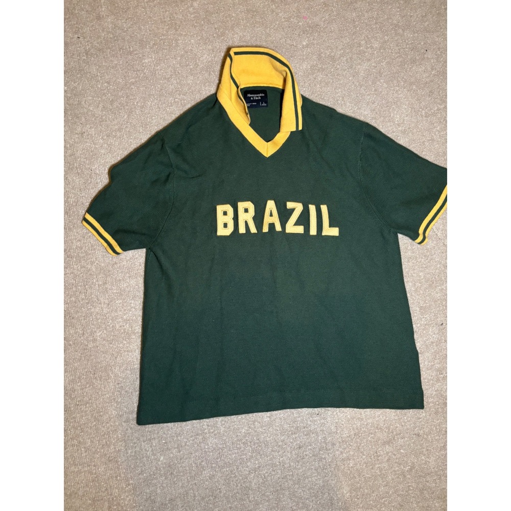 Abercrombie & Fitch Brazil Polo Shirt Mens Large Green Yellow Textured V-Neck